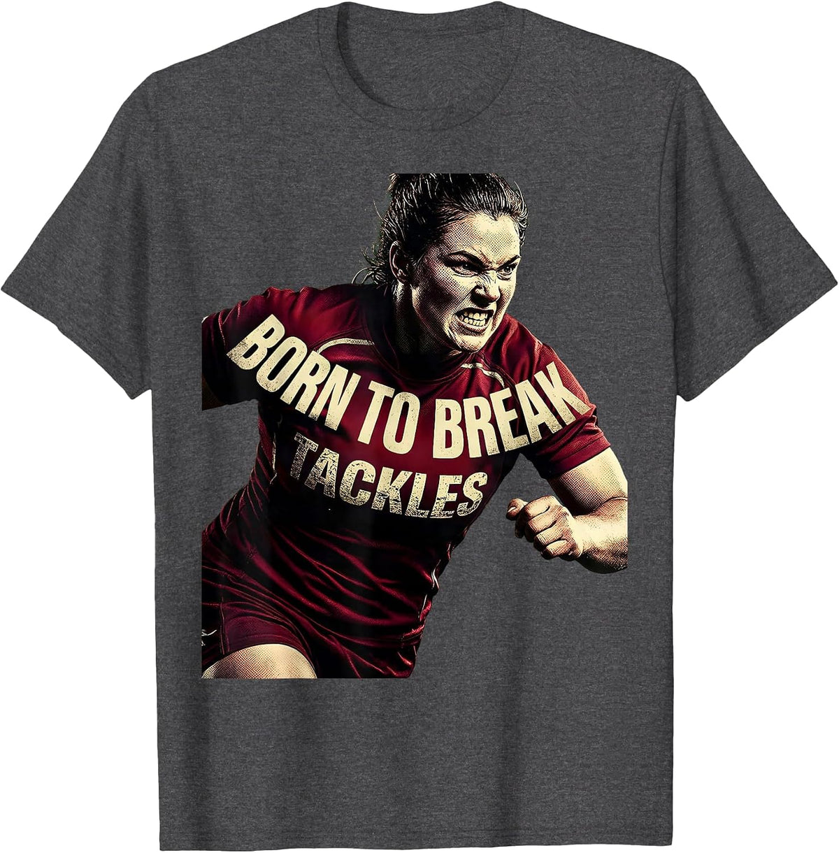 Born to Break Tackles Rugby Graphic Design T-Shirt - Dark Heather Grey