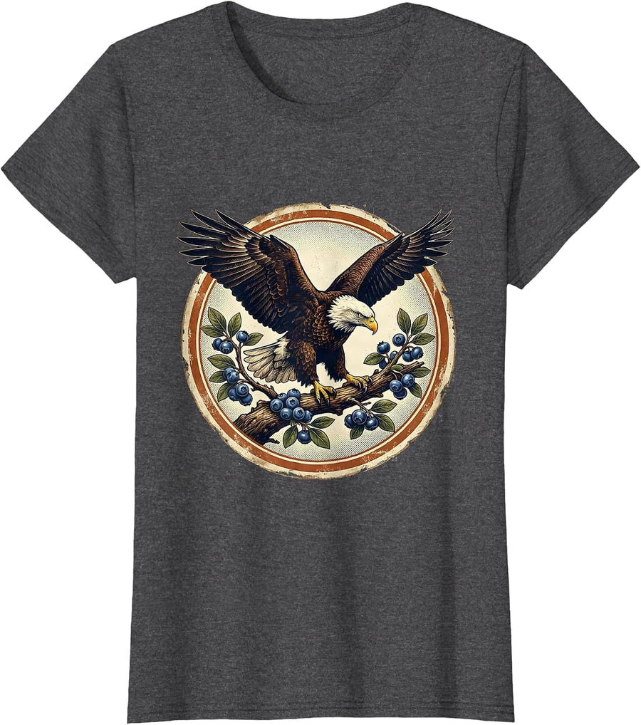 Women's Eagle and Blueberry Branch Patriotic Illustration T-Shirt - Dark Heather Grey