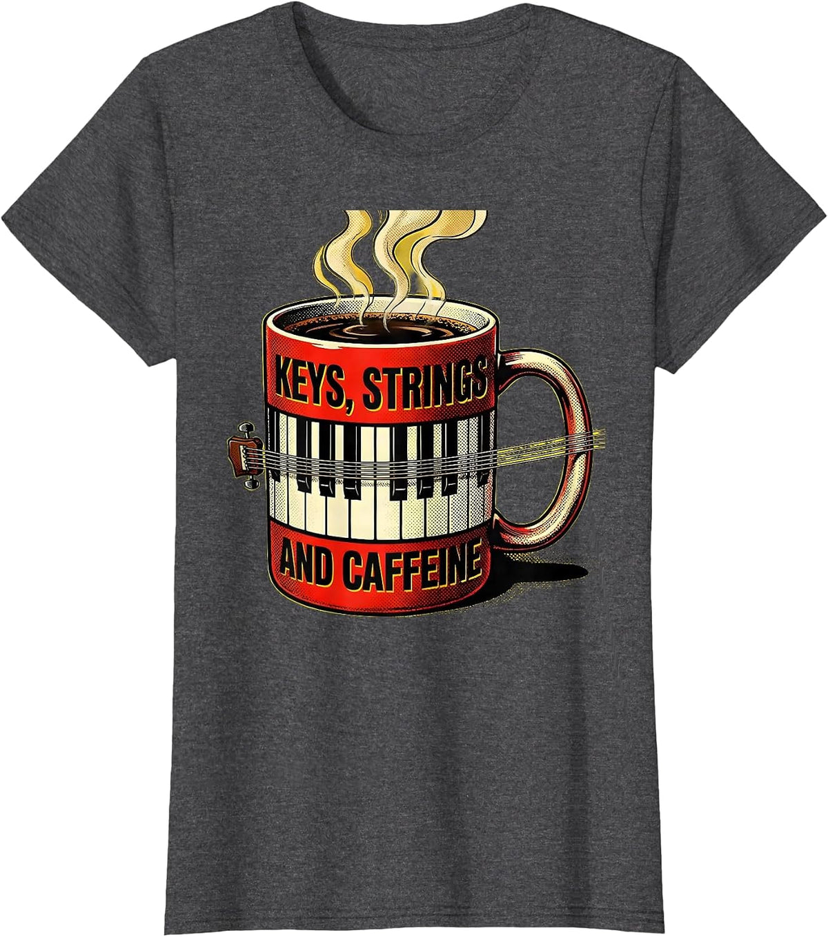 Women's Keys, Strings, and Caffeine Music Teacher Design T-Shirt - Dark Heather Grey