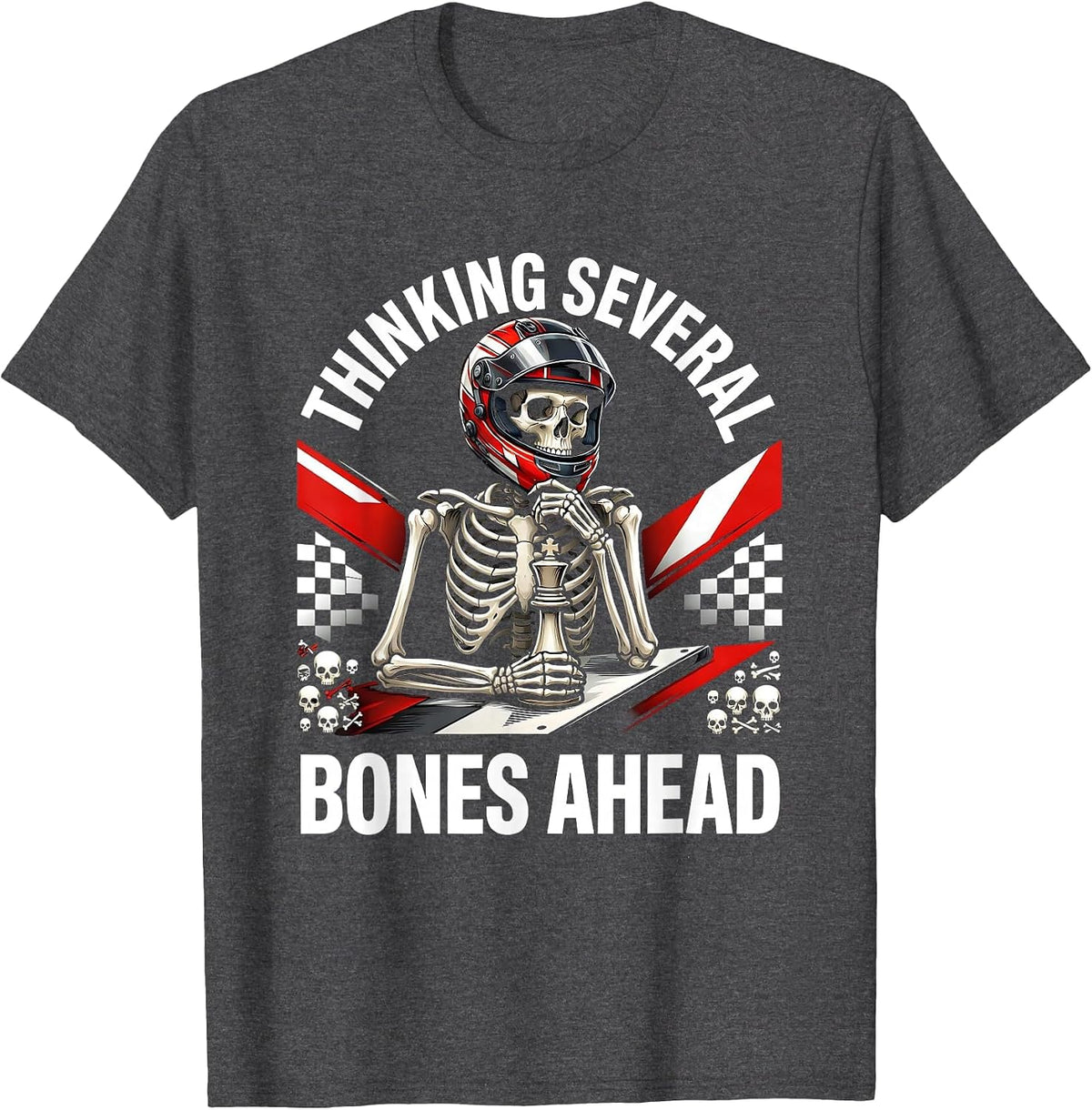 Men's Halloween Skeleton Chess Player Thinking Design T-Shirt - Dark Heather Grey