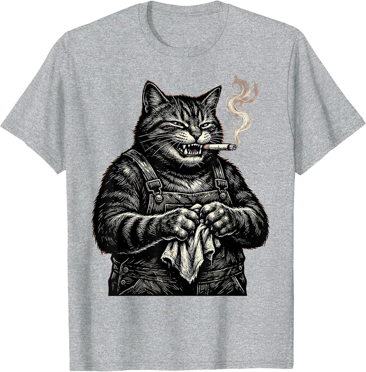 Men's Cat Mechanic With Cigarette Graphic Design T-Shirt - Heather Grey