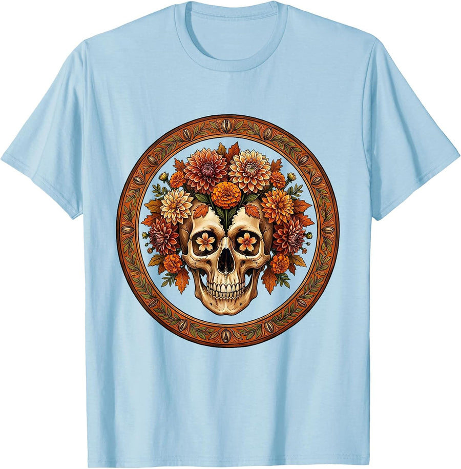 Men's Raven Skull with Blooming Flowers Fall Design T-Shirt - Baby Blue