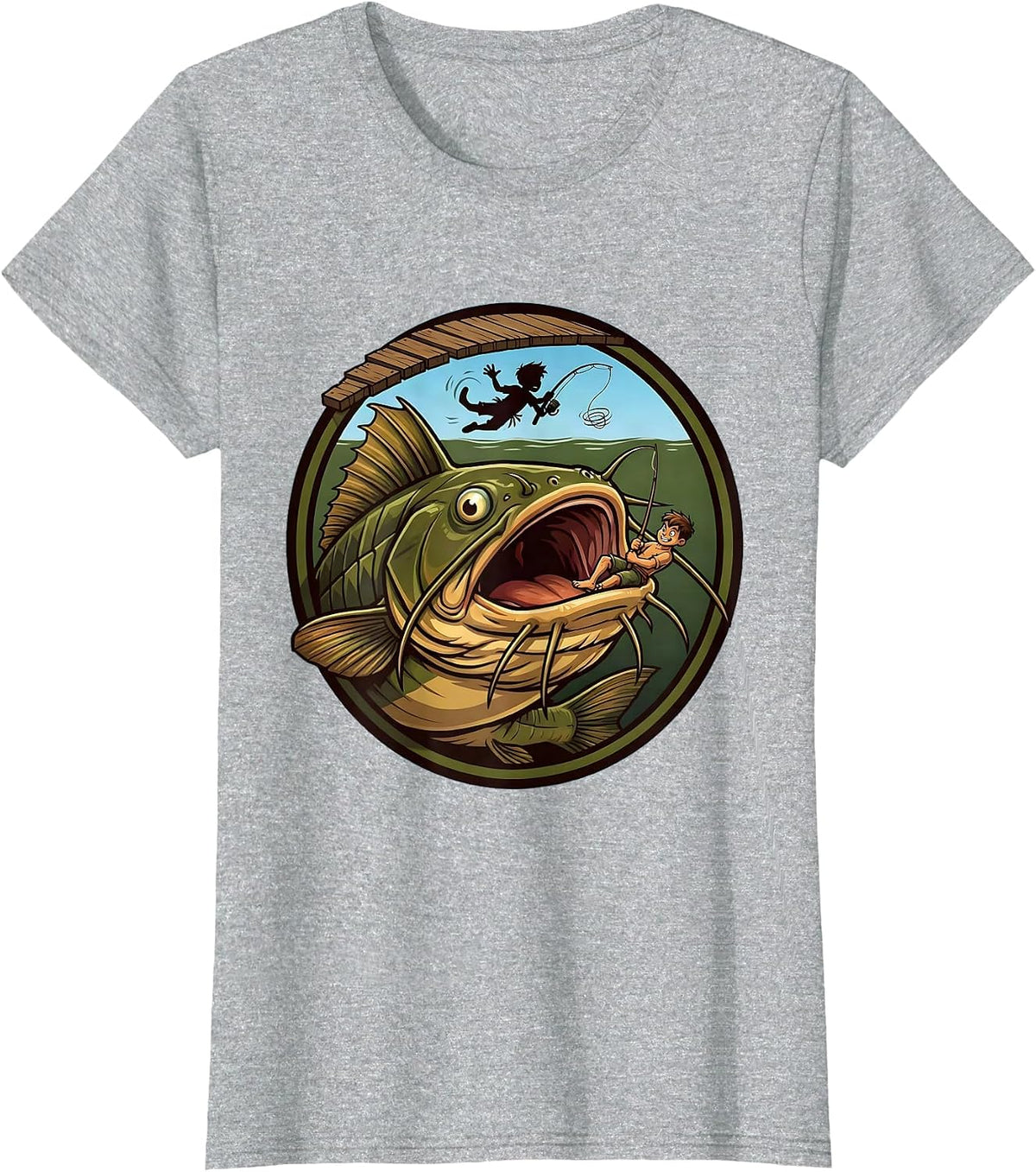 Giant Catfish Drags Kid Off Pier Fishing Graphic T-Shirt - Heather Grey