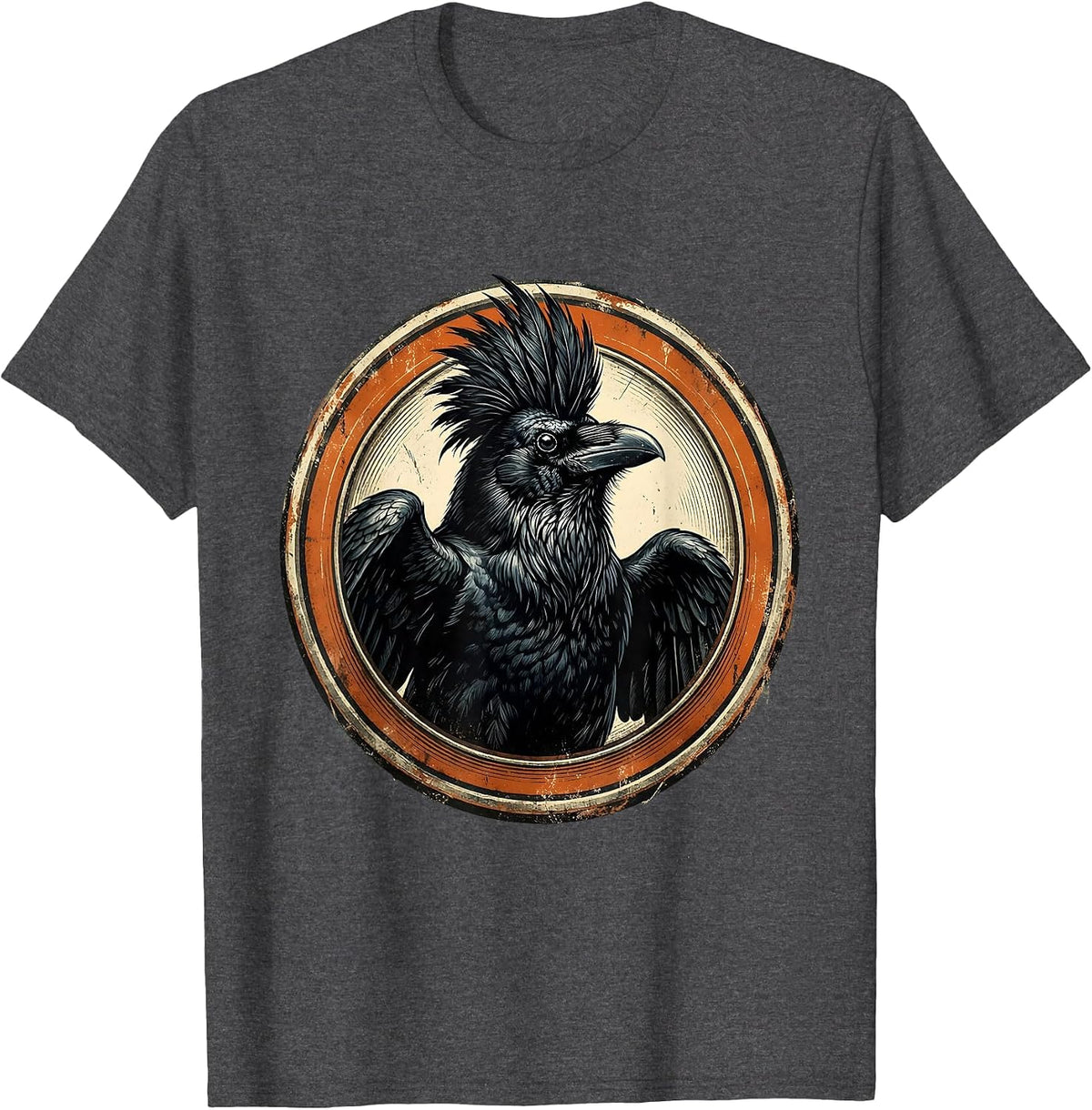 Defiant Crow Mohawk Punk Rock Bird Illustration T-Shirt - Dark Heather Grey