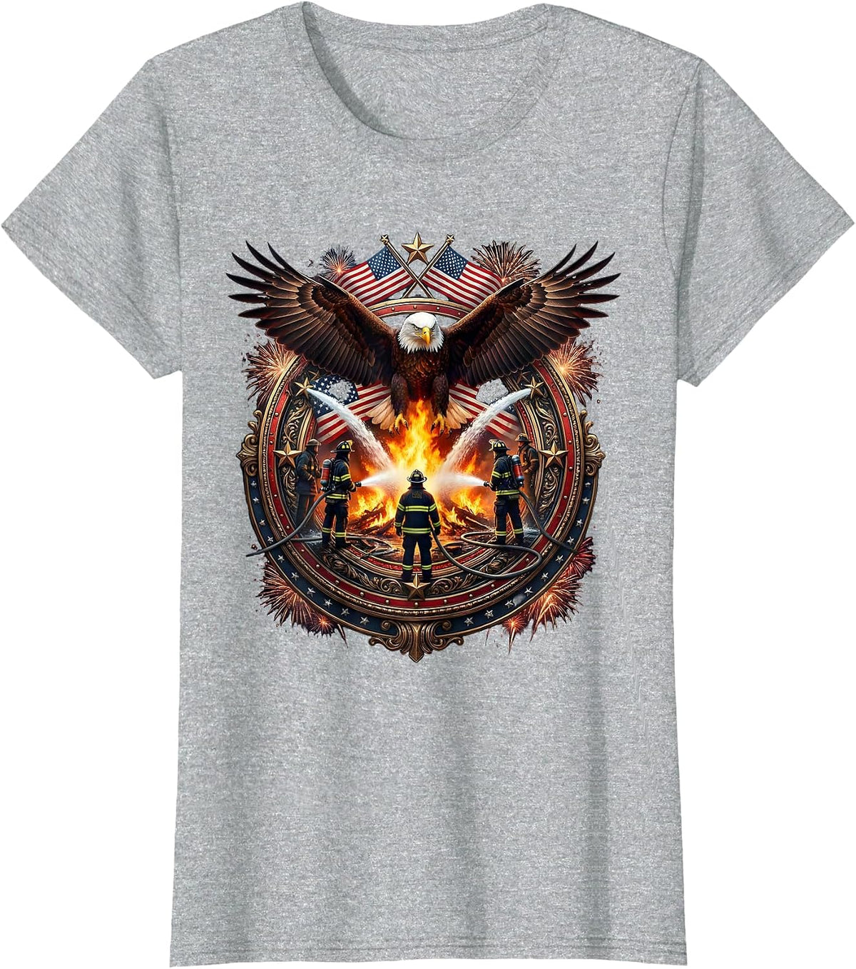 Aerial View Firefighters Surrounding Blaze Graphic T-Shirt - Heather Grey