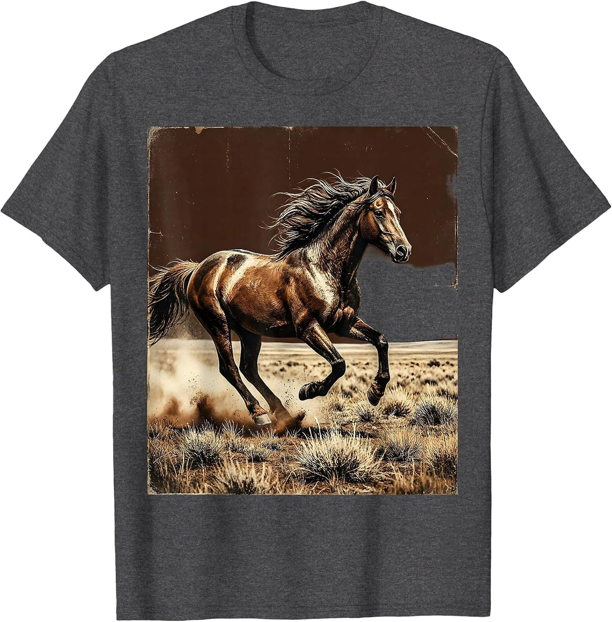 Galloping Horse Open Plains Illustration T-Shirt - Dark Heather Grey
