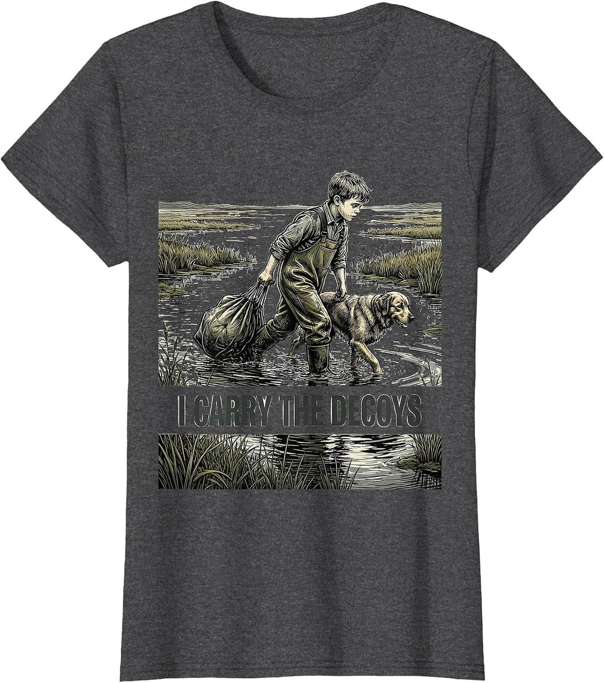 Women's I CARRY THE DECOYS Funny Waterfowl Hunter Retriever Humor T-Shirt - Dark Heather Grey