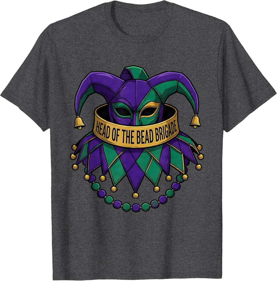 Head of the Bead Brigade Mardi Gras Carnival Jester Party T-Shirt - Dark Heather Grey