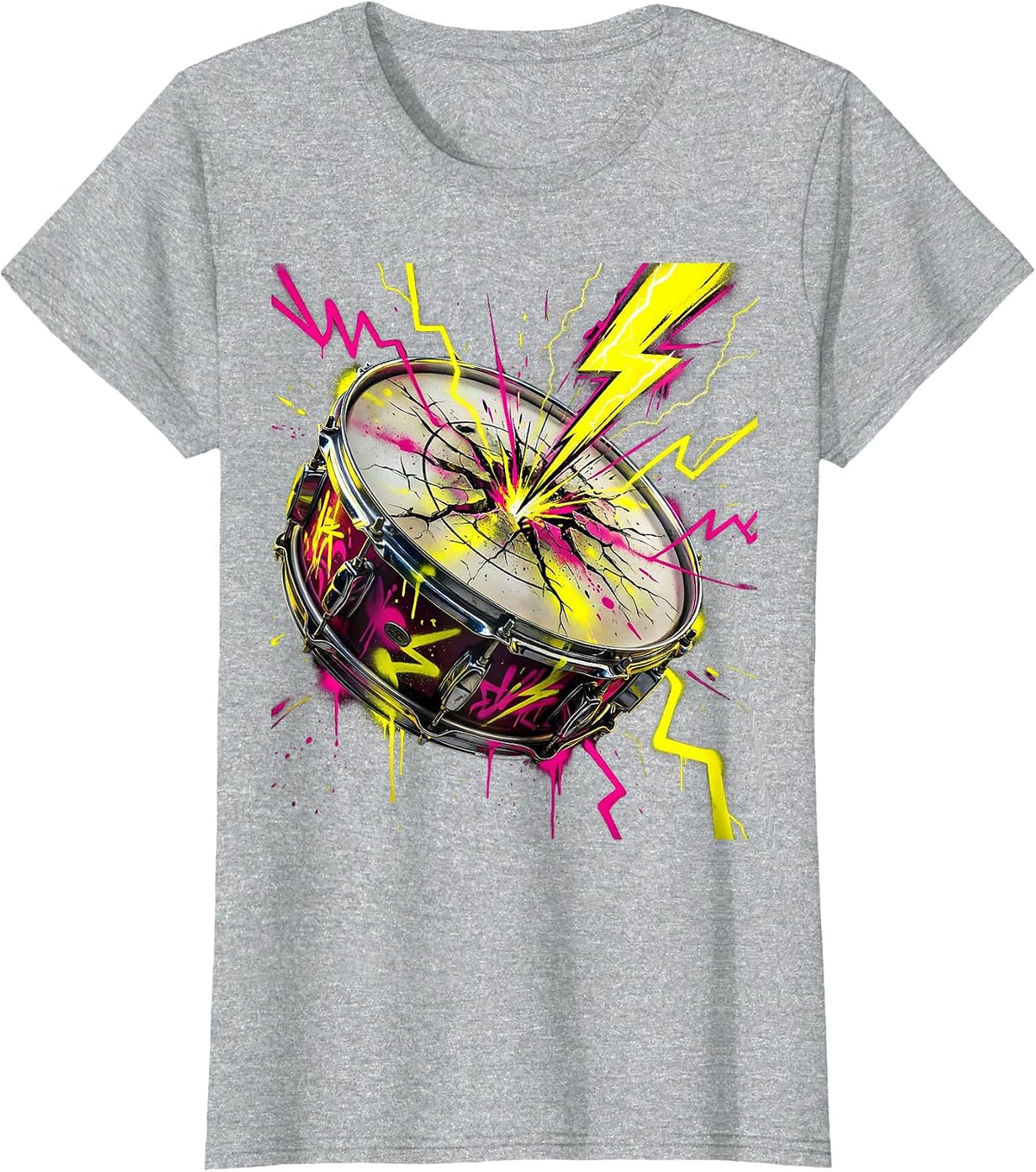 Cracked Snare Drum Lightning Strike Graphic T-Shirt - Heather Grey