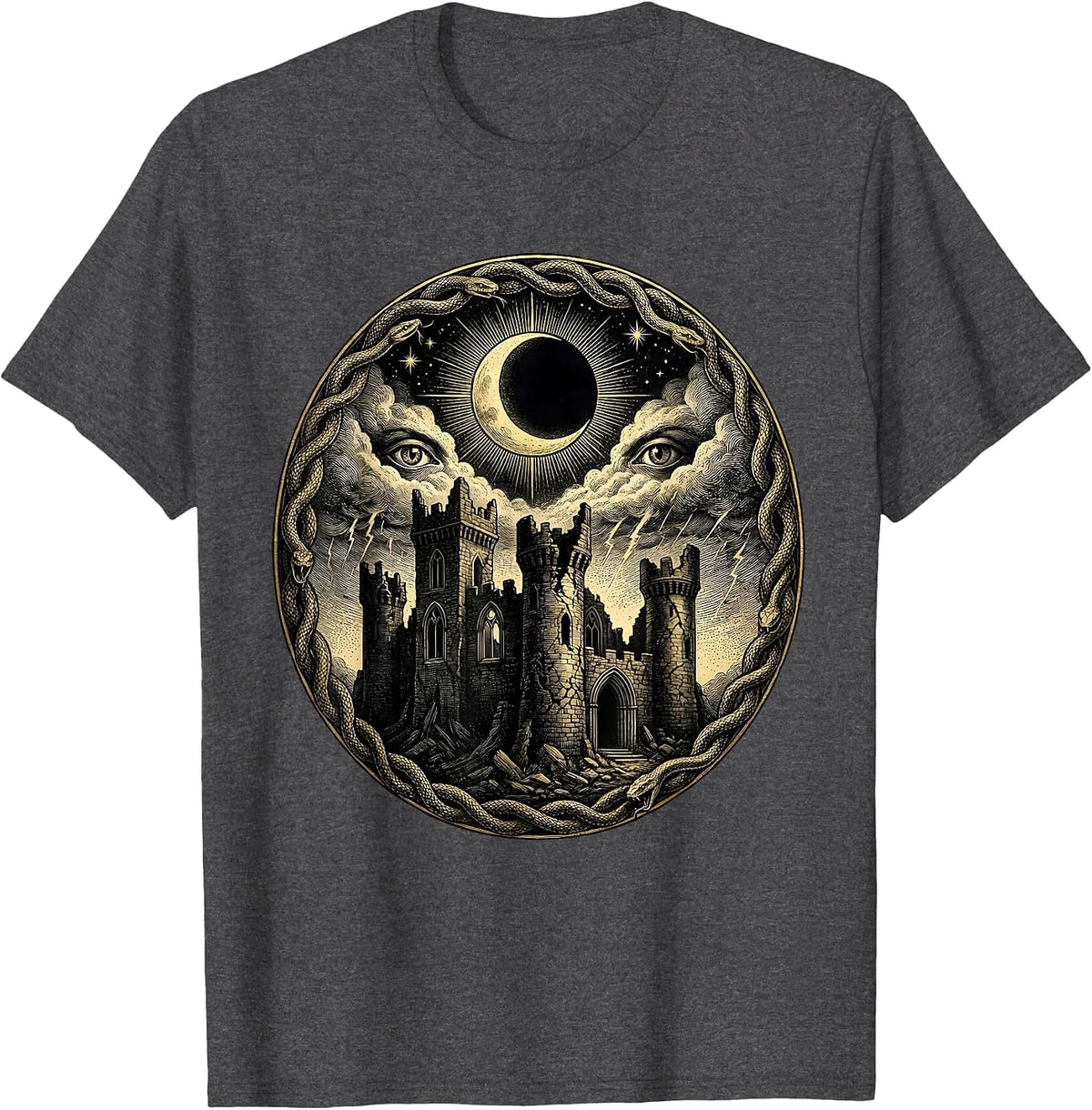 Men's Crumbling Castle Blood Red Storm Heavy Metal Art T-Shirt - Dark Heather Grey