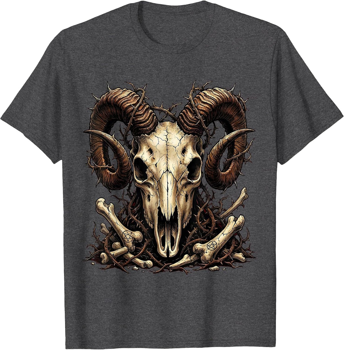 Demonic Goat Skull Twisted Horns Halloween Design T-Shirt - Dark Heather Grey