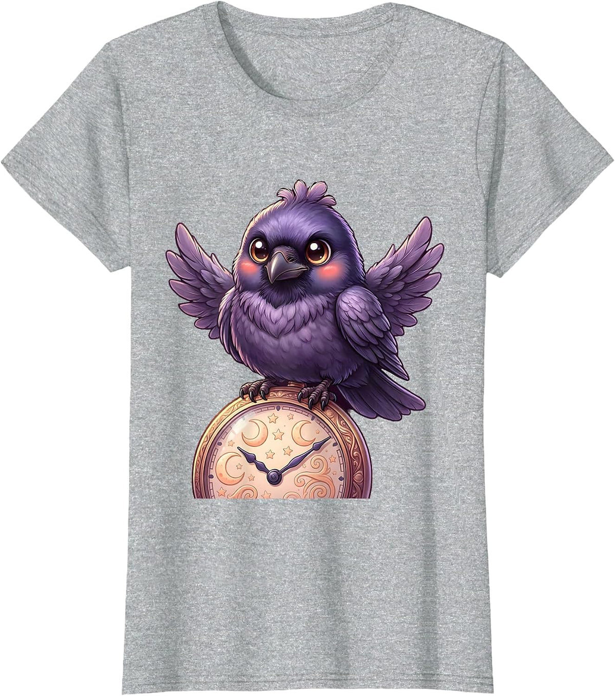 Raven With Pocket Watch Halloween Gothic Art T-Shirt - Heather Grey