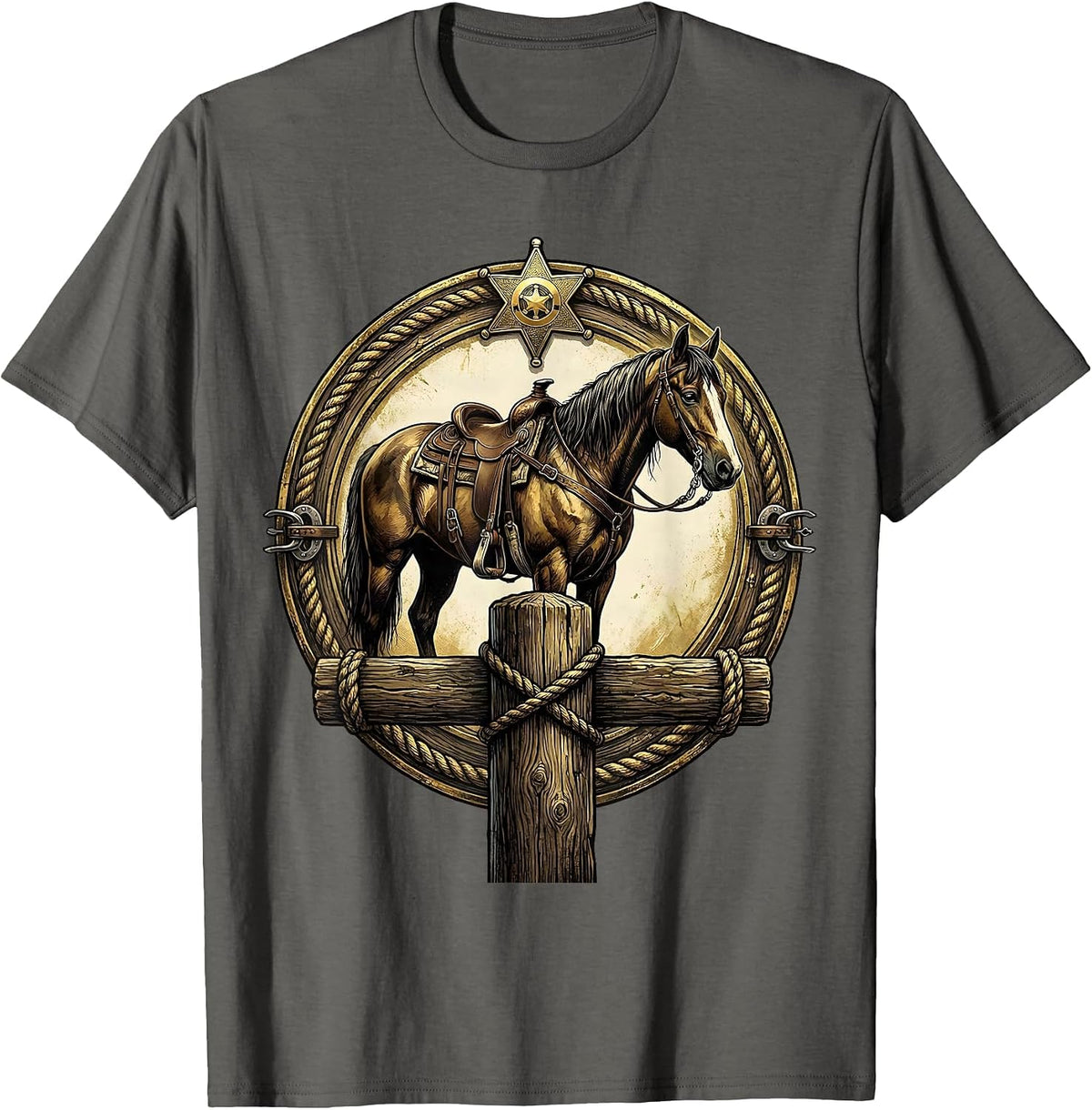 Saddled Horse Tied to Saloon Post Western Art T-Shirt - Asphalt Grey