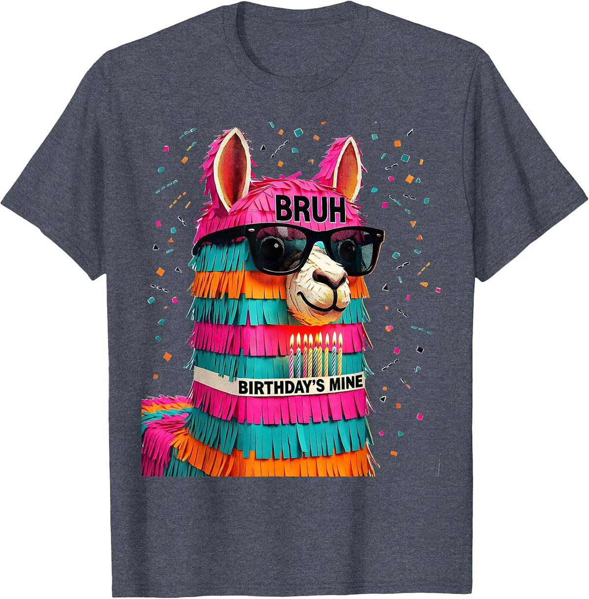 Bruh Birthday's Mine Risograph Llama Pinata Party Humor T-Shirt - Heather Blue
