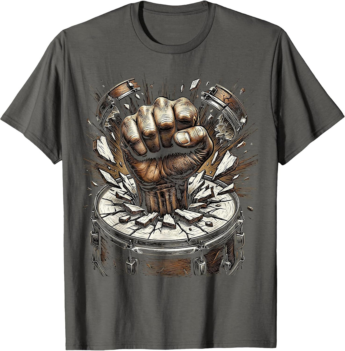 Fist Through Bass Drum Rock Music Graphic T-Shirt - Asphalt Grey