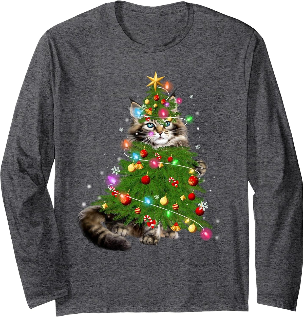 Cat Maine Coon Christmas Tree Holiday Cat Lovers Xmas Gift Long Sleeve T-Shirt - Adult Unisex Dark Heather Grey
