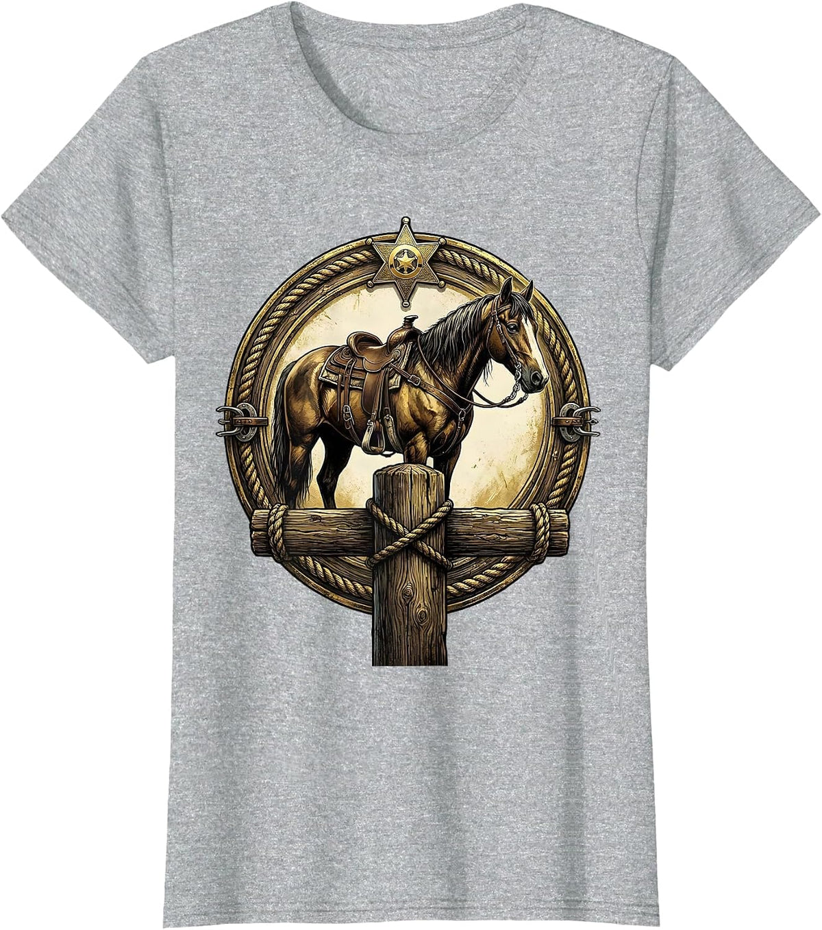 Saddled Horse Tied to Saloon Post Western Art T-Shirt - Heather Grey