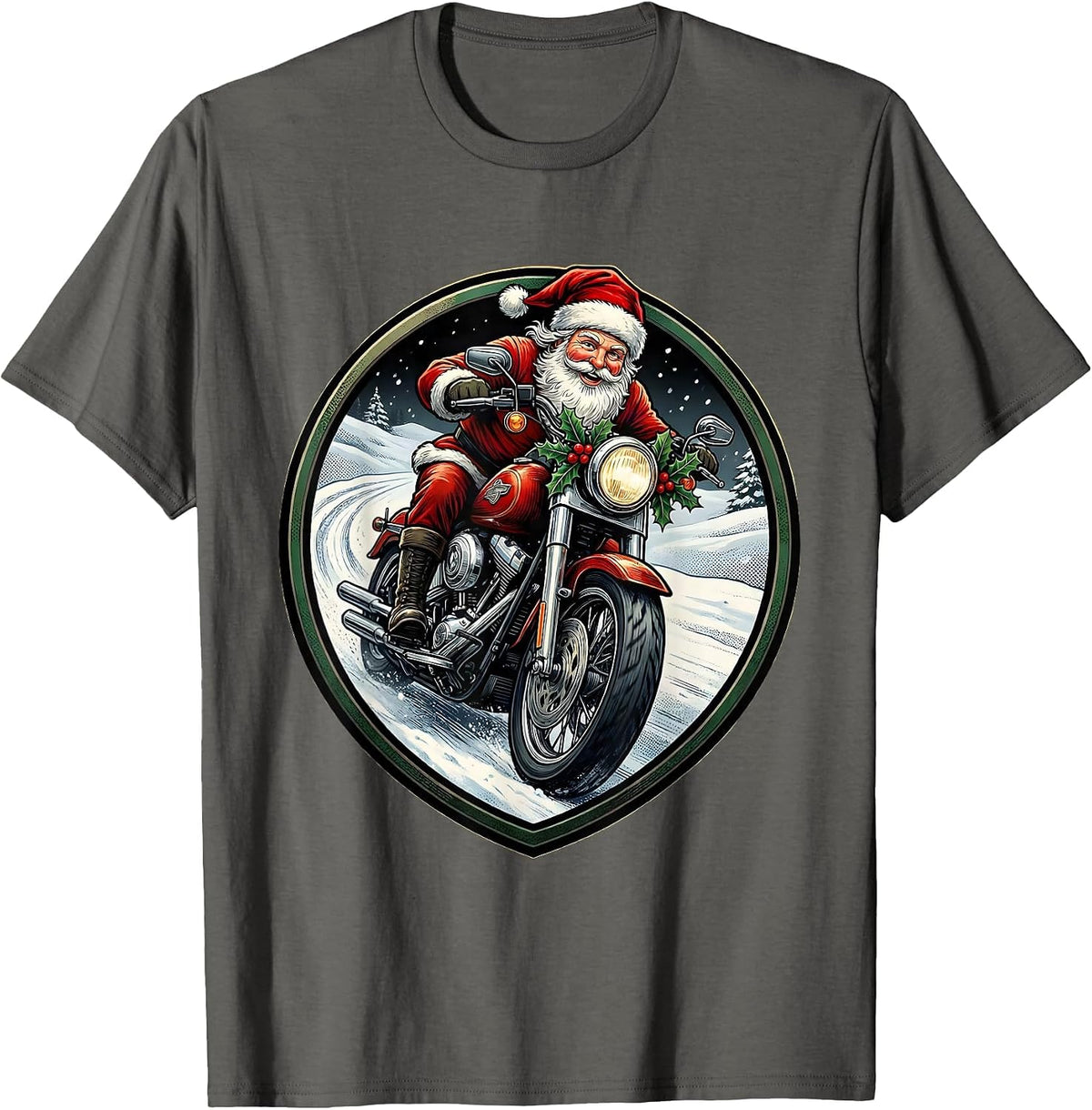 Men's Cheerful Santa Biker Motorcycle Rider Emblem Ugly Christmas T-Shirt - Asphalt Grey