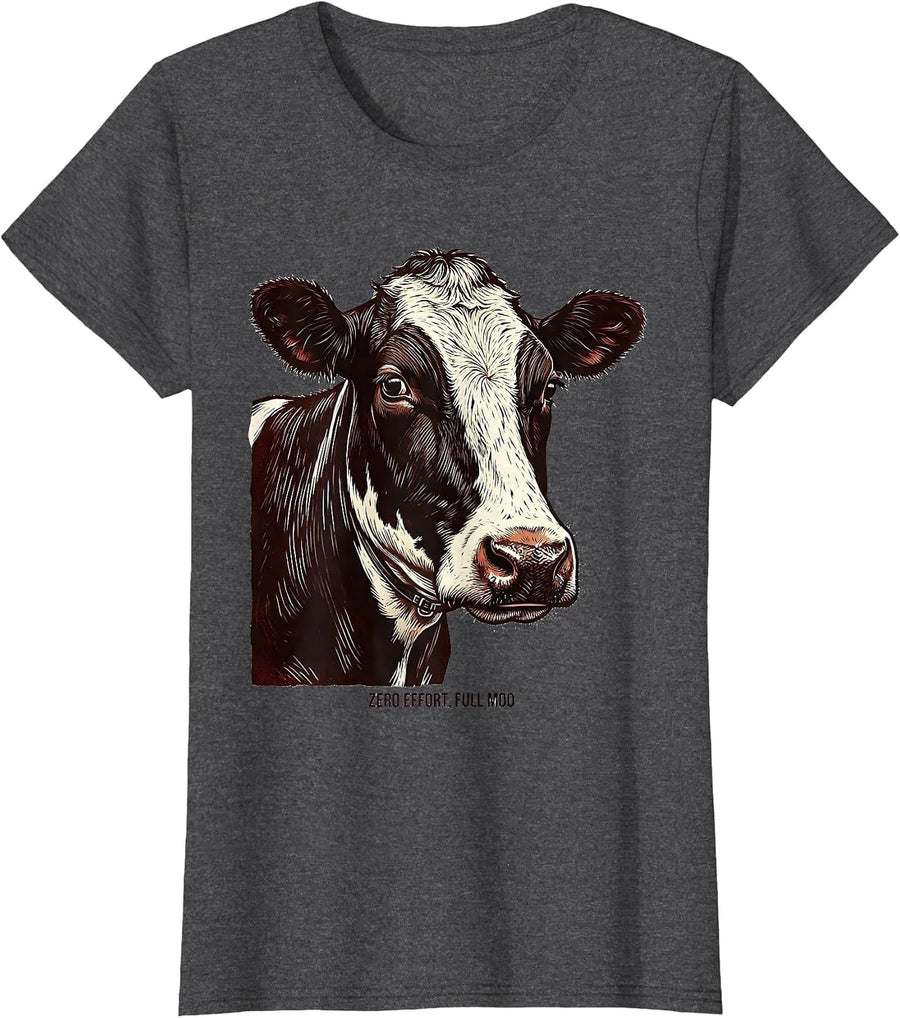 Women's Zero Effort, Full Moo Funny Cow Farm Animal Pun Humor T-Shirt - Dark Heather Grey