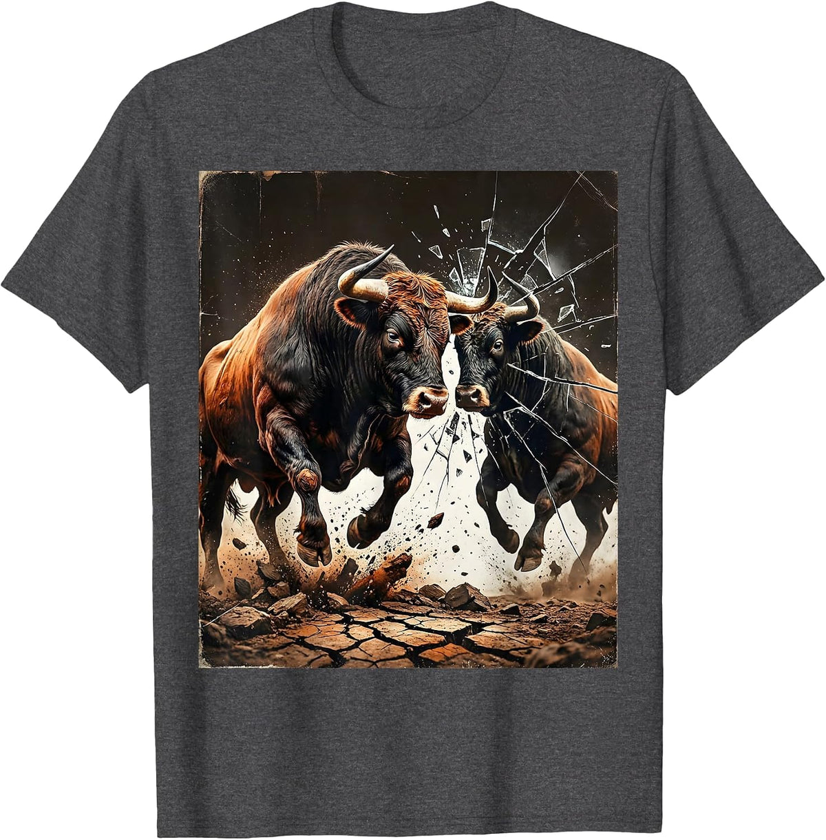 Bull Charging Its Reflection Graphic Design T-Shirt - Dark Heather Grey