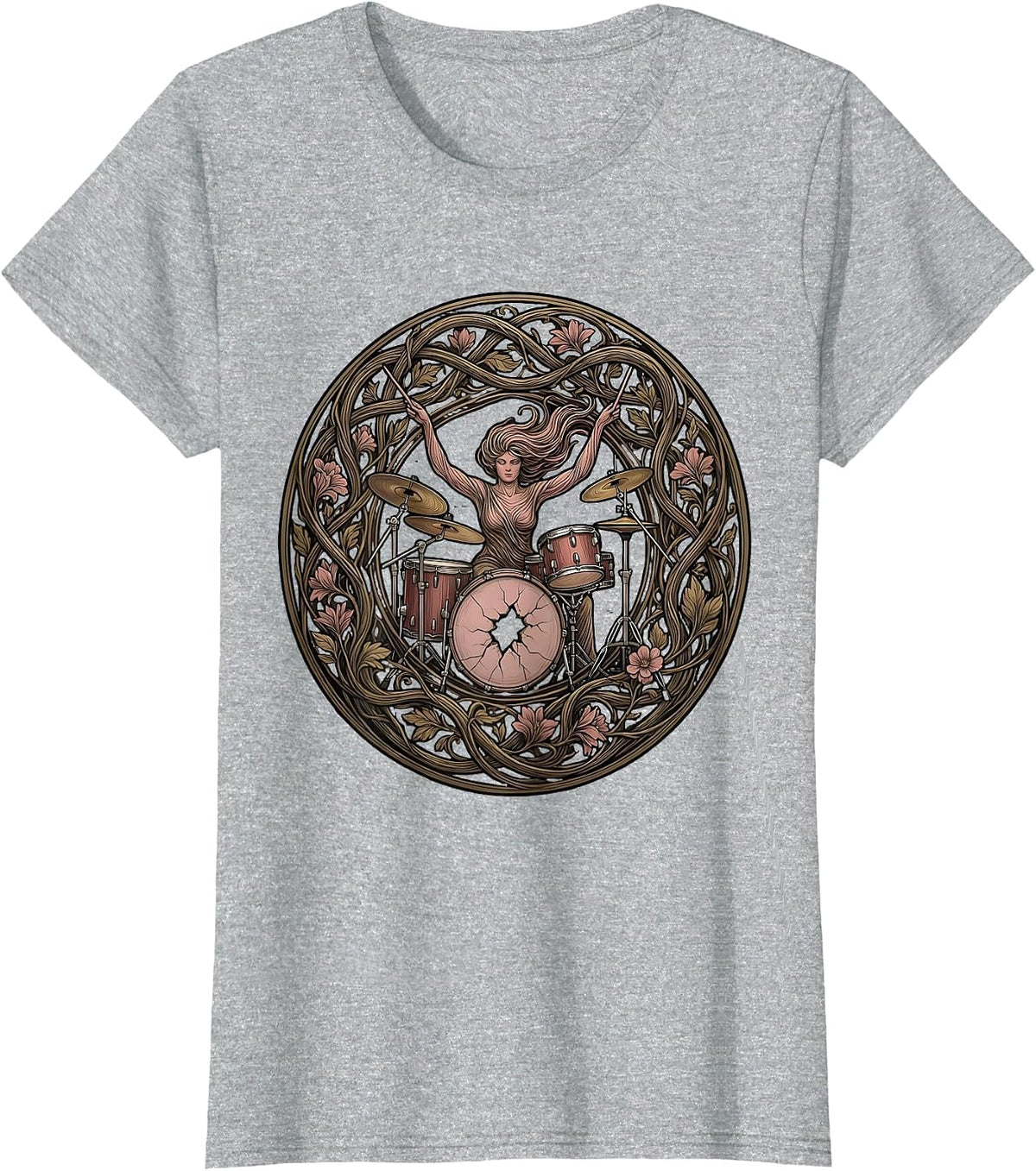 Women's Drummer Through Cracked Bass Drum Band Tee T-Shirt - Heather Grey