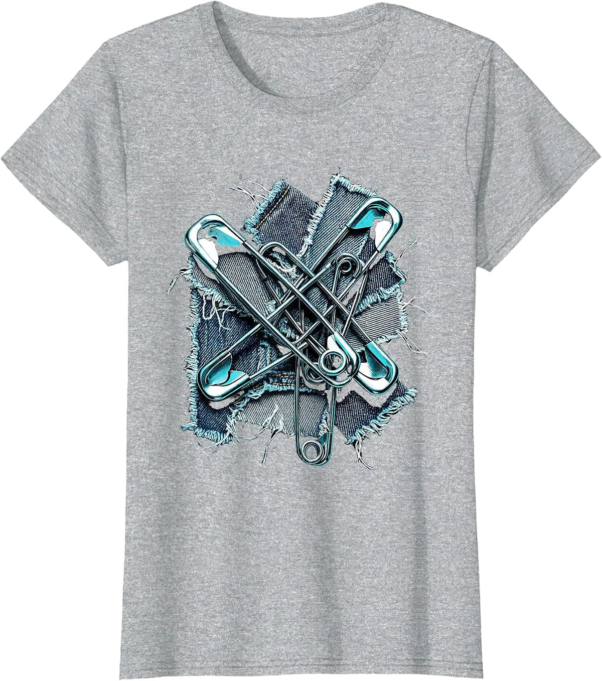 Punk Safety Pin Torn Denim Graphic Tee T-Shirt - Heather Grey