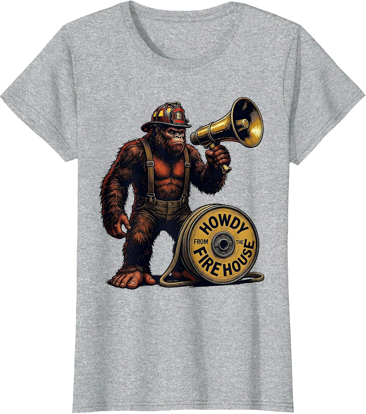 Women's Howdy From The Firehouse Funny Bigfoot Firefighter Cryptid T-Shirt - Heather Grey
