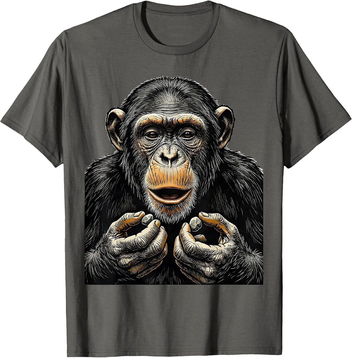 Men's Thinking Chimp Linocut Funny Monkey Meme T-Shirt - Asphalt Grey