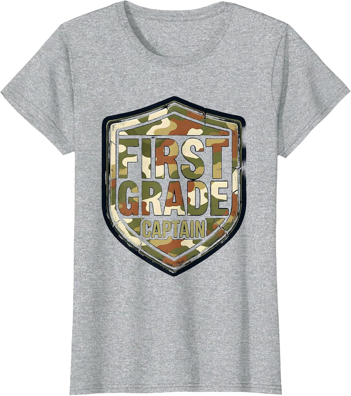 First Grade Captain Distressed Camo Back To School Boys T-Shirt - Heather Grey