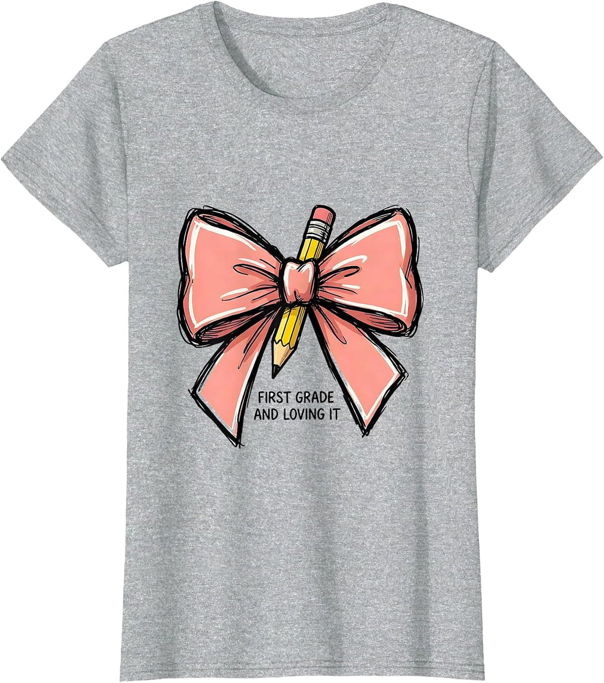 Women's First Grade And Loving It Cute Coquette Bow Back to School T-Shirt - Heather Grey