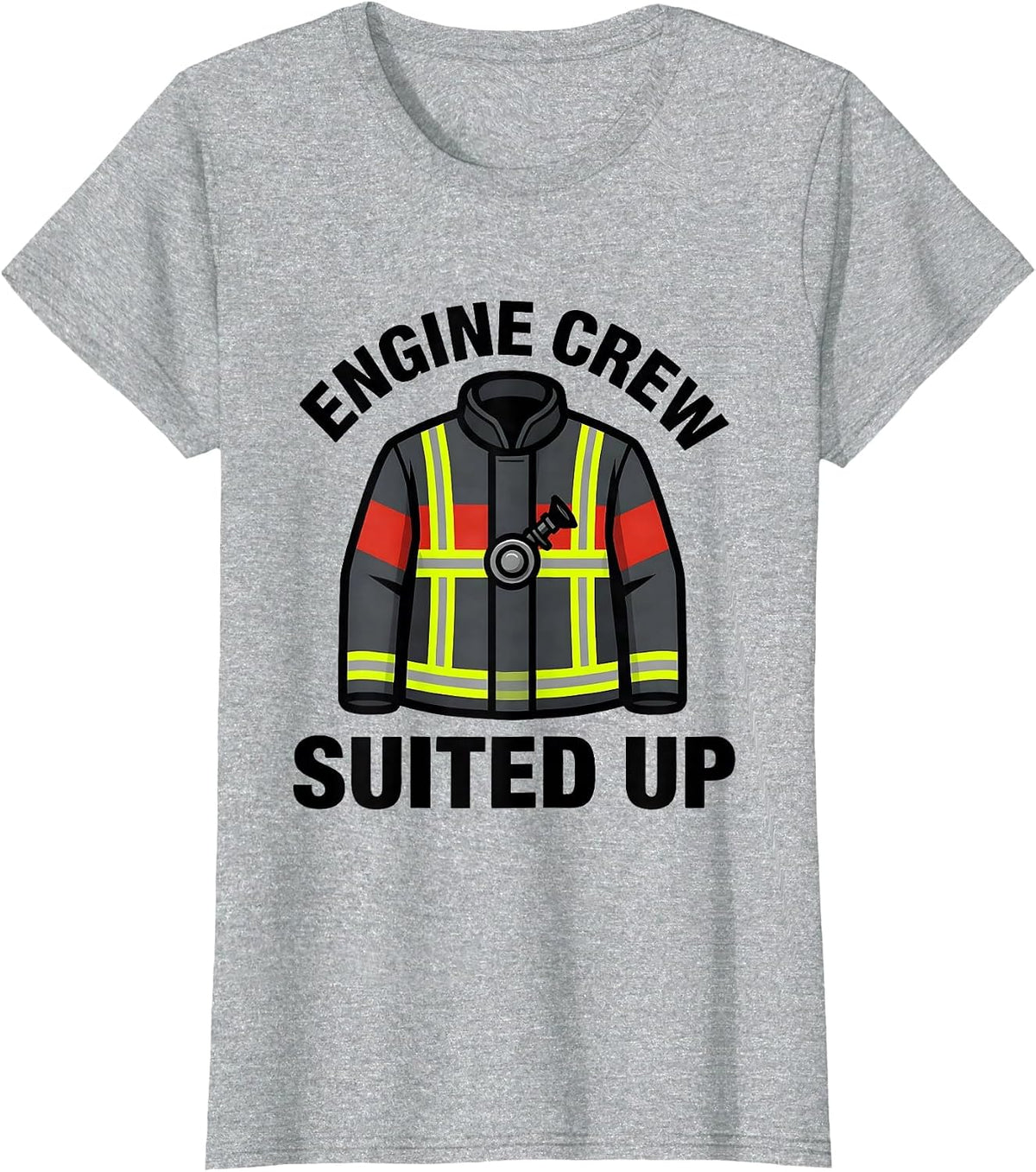 Women's ENGINE CREW SUITED UP Funny Firefighter Badge Humor T-Shirt - Heather Grey