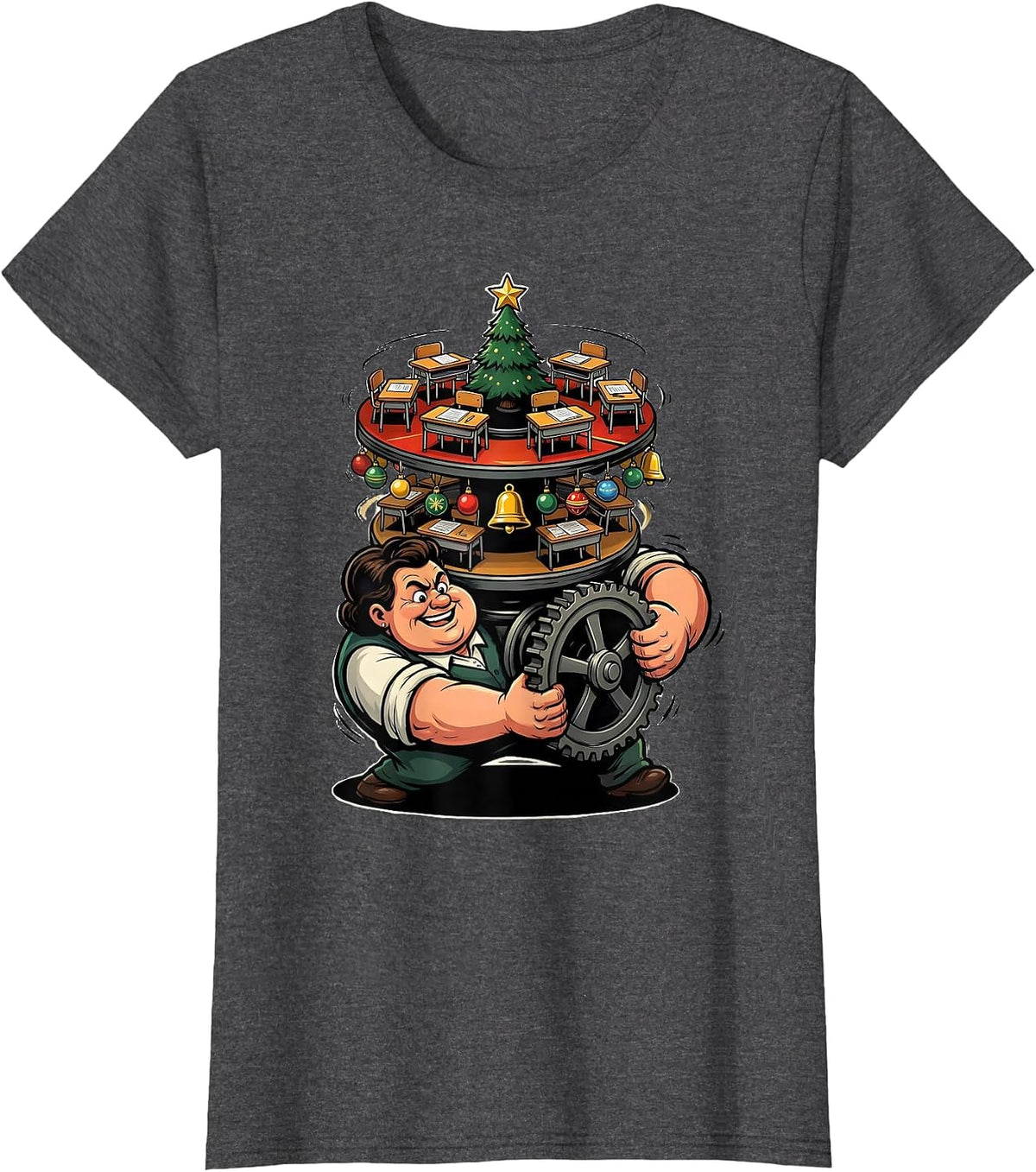Women's Cartoon Teacher Christmas Music Box Classroom Humor T-Shirt - Dark Heather Grey