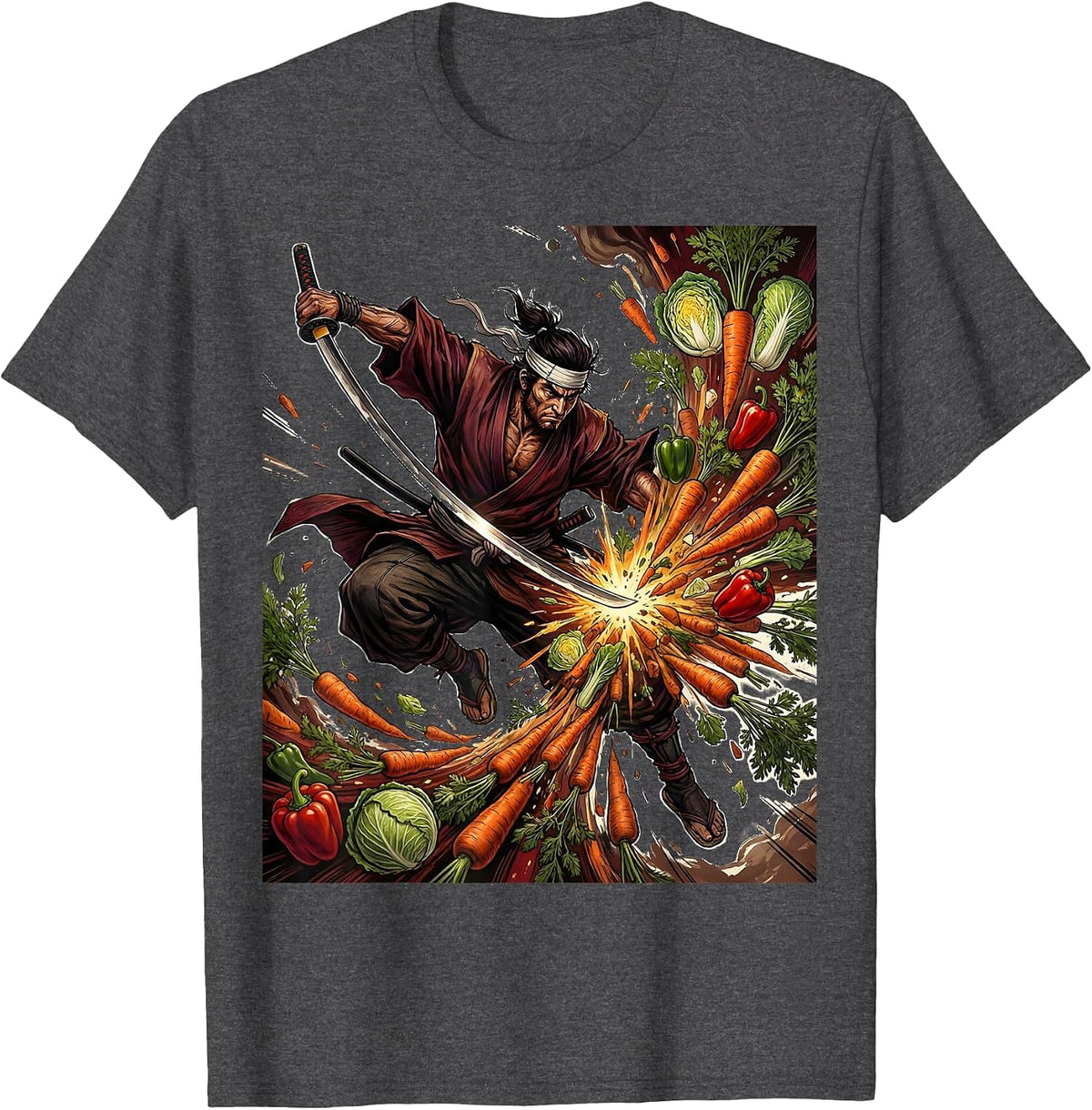 Samurai Chef Warrior Slicing Vegetables Art T-Shirt - Dark Heather Grey