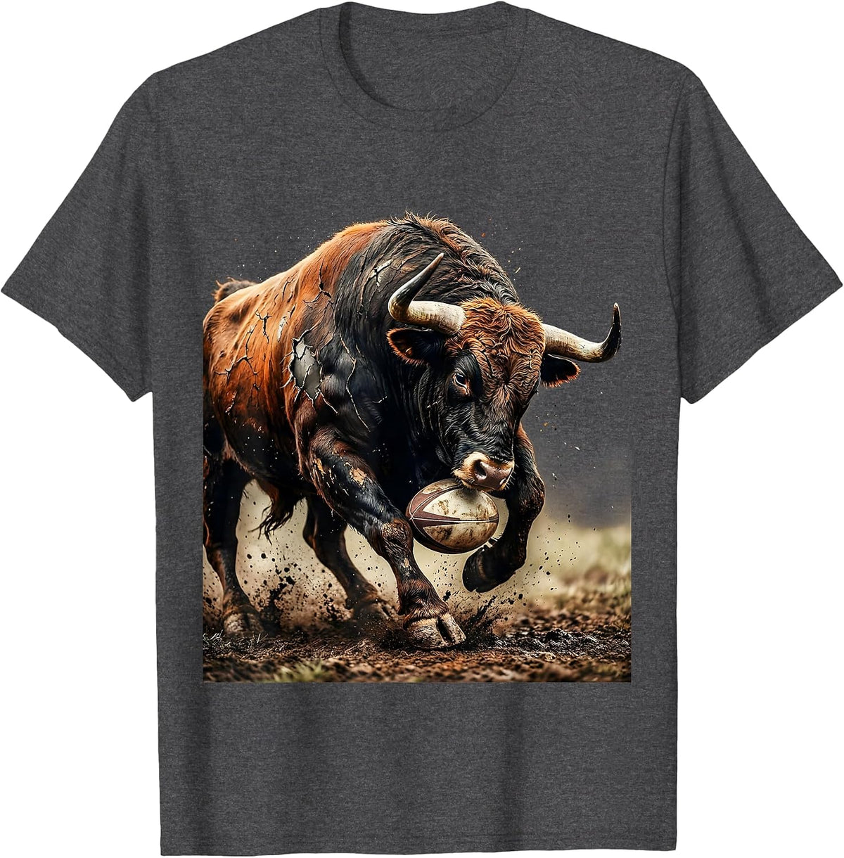Charging Bull Rugby Player Graphic Tee T-Shirt - Dark Heather Grey