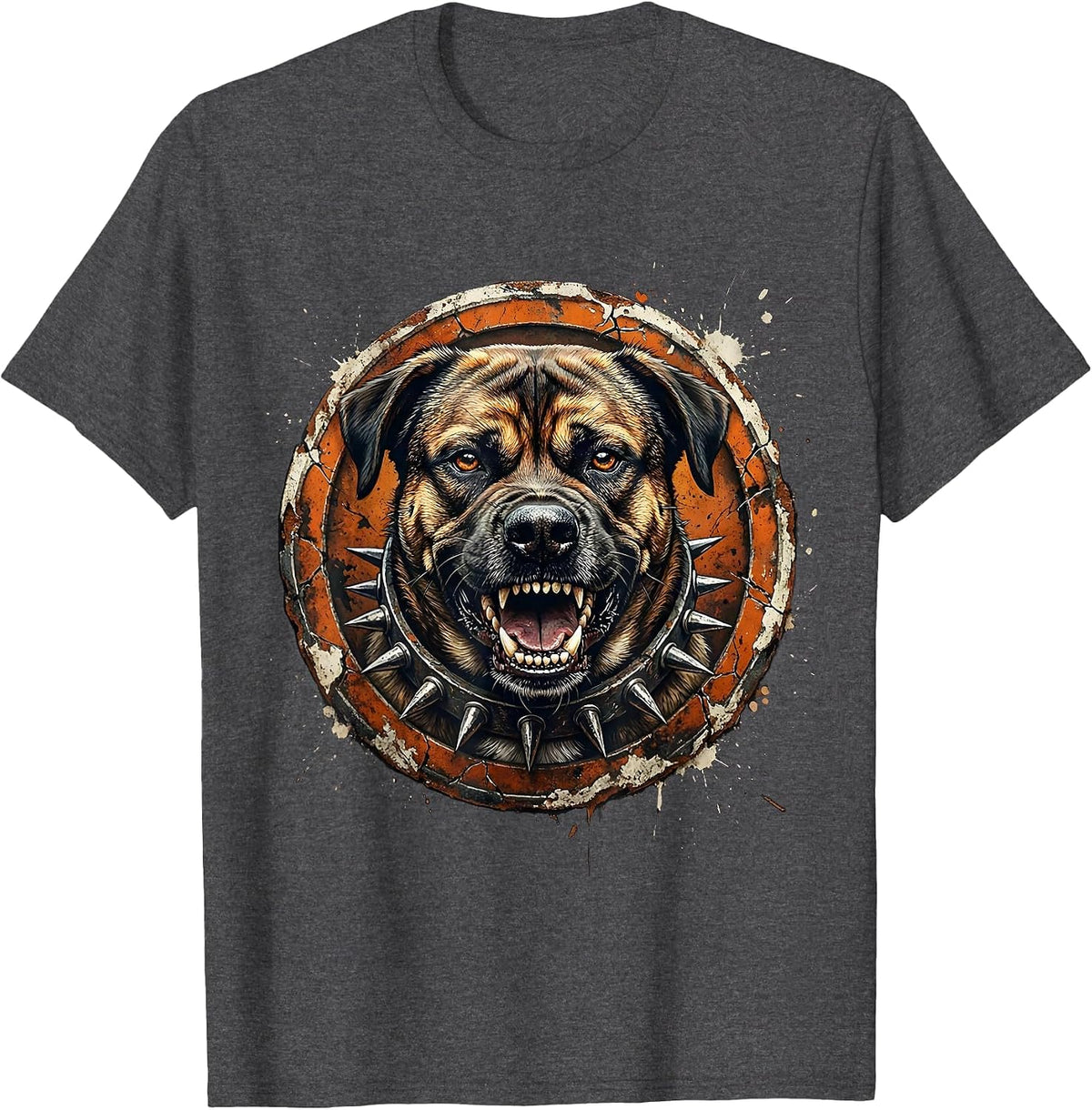 Snarling Punk Dog Spiked Collar Graphic Design T-Shirt - Dark Heather Grey