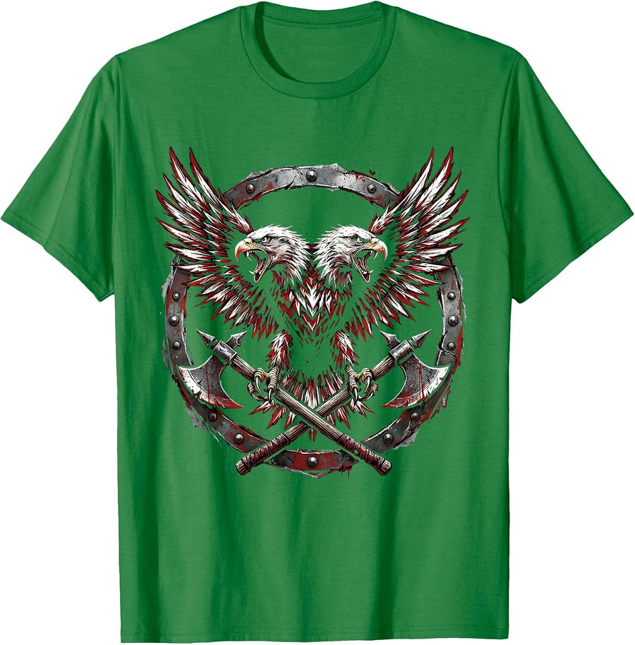 Men's Two-Headed Eagle Crossed Battle Axes Metal Design T-Shirt - Kelly Green