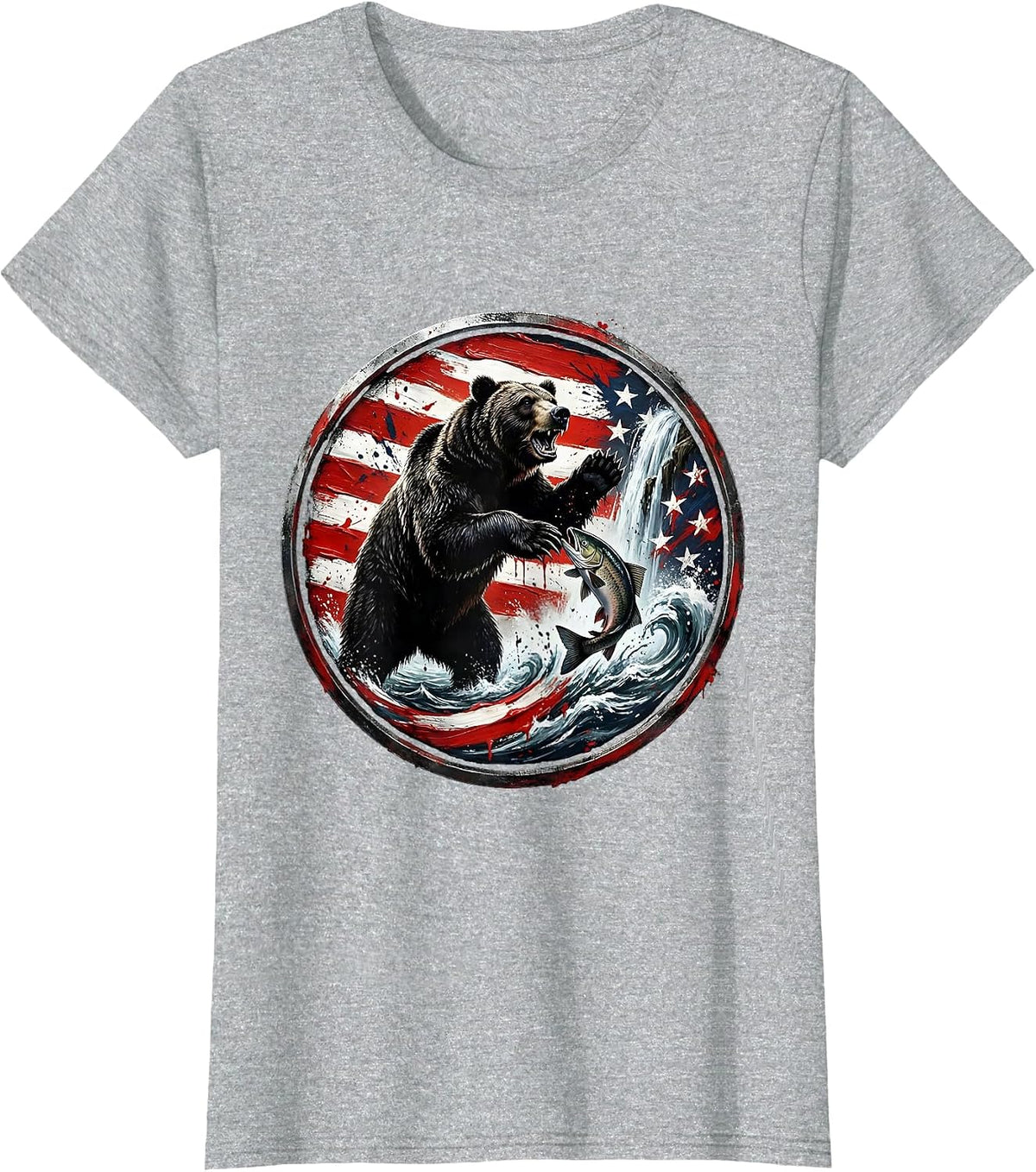 Women's Bear Catching Salmon in Rushing Waterfall T-Shirt - Heather Grey