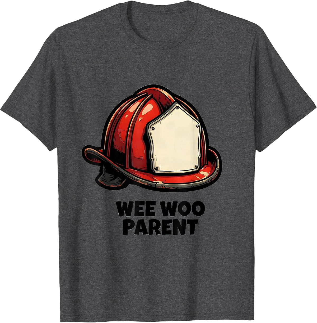 Wee Woo Parent Cartoon Firefighter Helmet Family Humor T-Shirt - Dark Heather Grey
