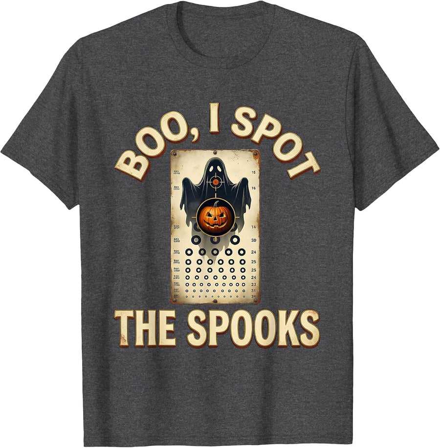 Men's Boo I Spot The Spooks Vintage Halloween Optometrist Eye T-Shirt - Dark Heather Grey