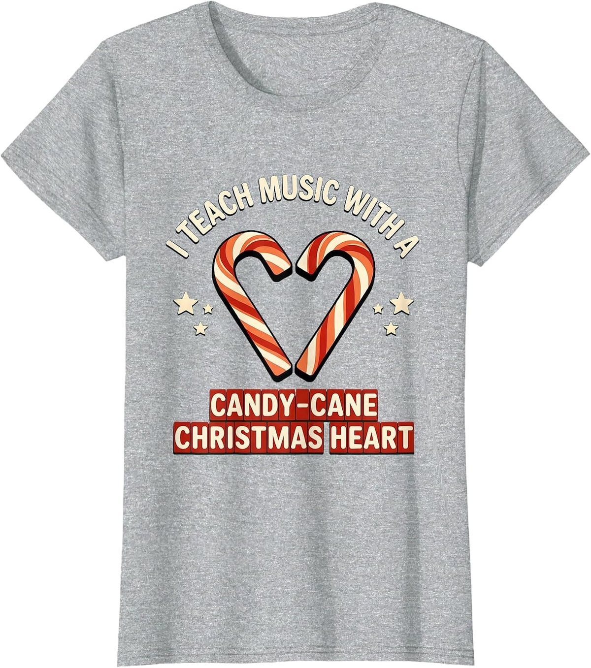 I Teach Music With A Candy-Cane Christmas Heart Teacher T-Shirt - Heather Grey