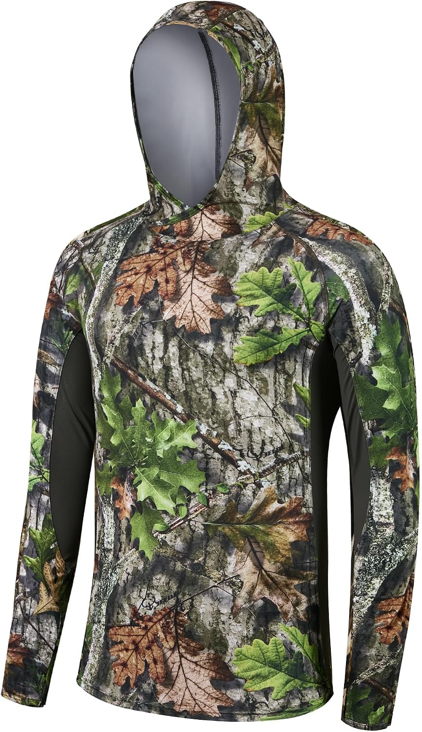 Men's UPF 50+ Camo Tactical Shirt 4-Way Stretch Breathable Long Sleeve Hunting Fishing Hoodie with Thumbholes - Green Leaf