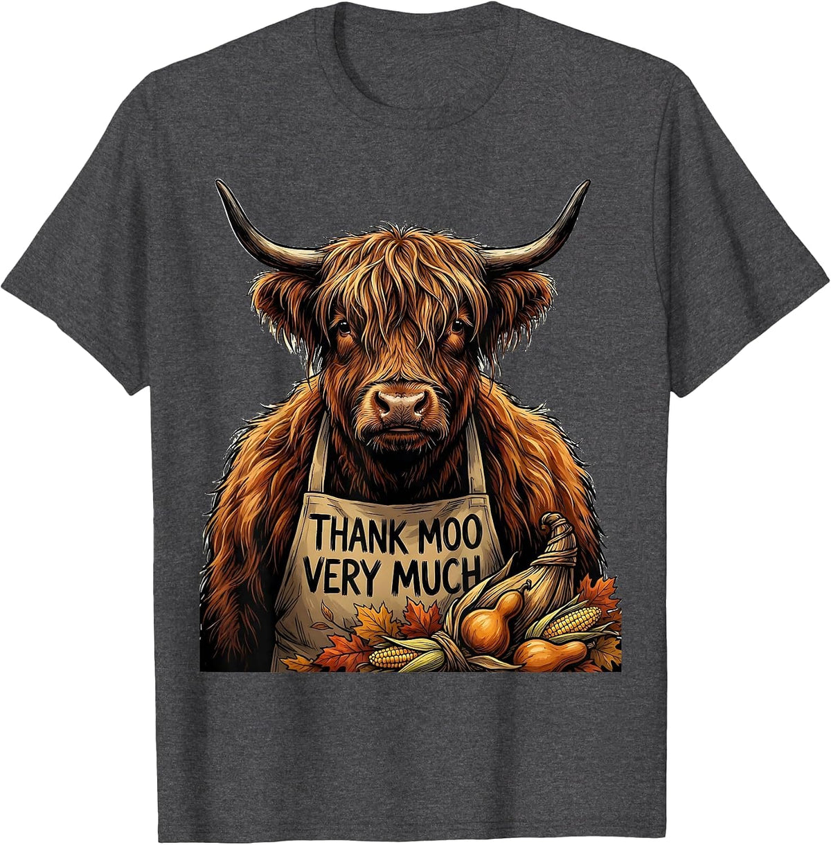 Thank Moo Very Much Cartoon Highland Cow Fall Halloween T-Shirt - Dark Heather Grey