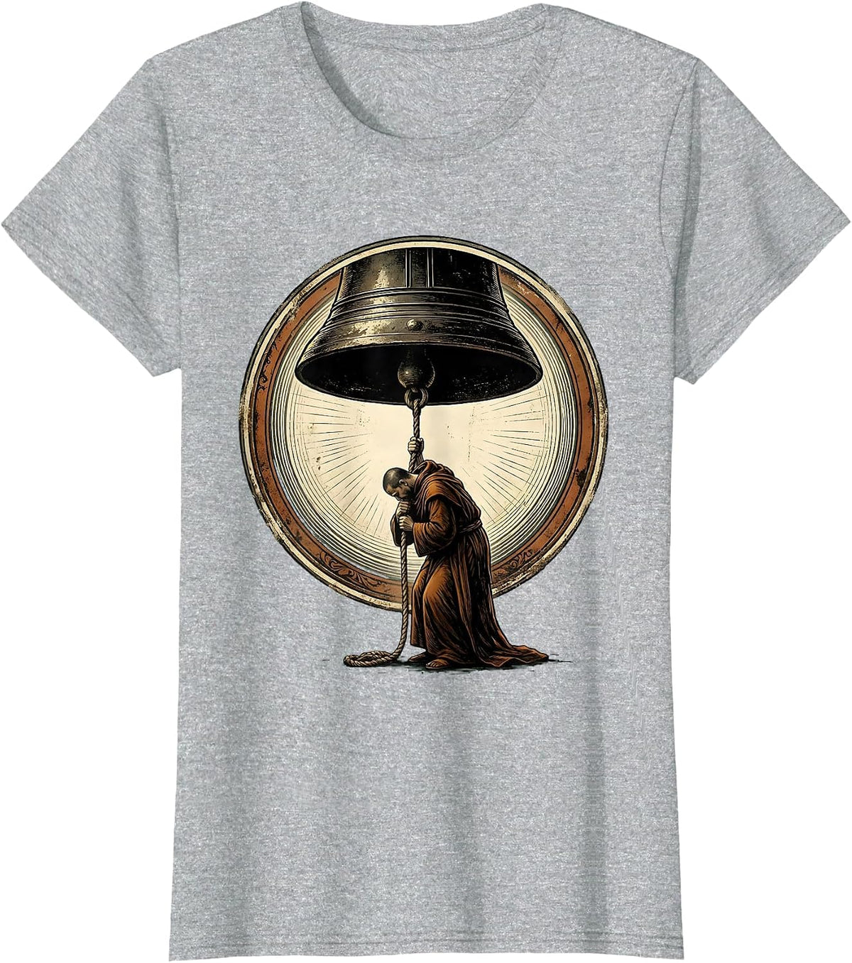 Monk Ringing Iron Bell at Dawn Graphic T-Shirt - Heather Grey