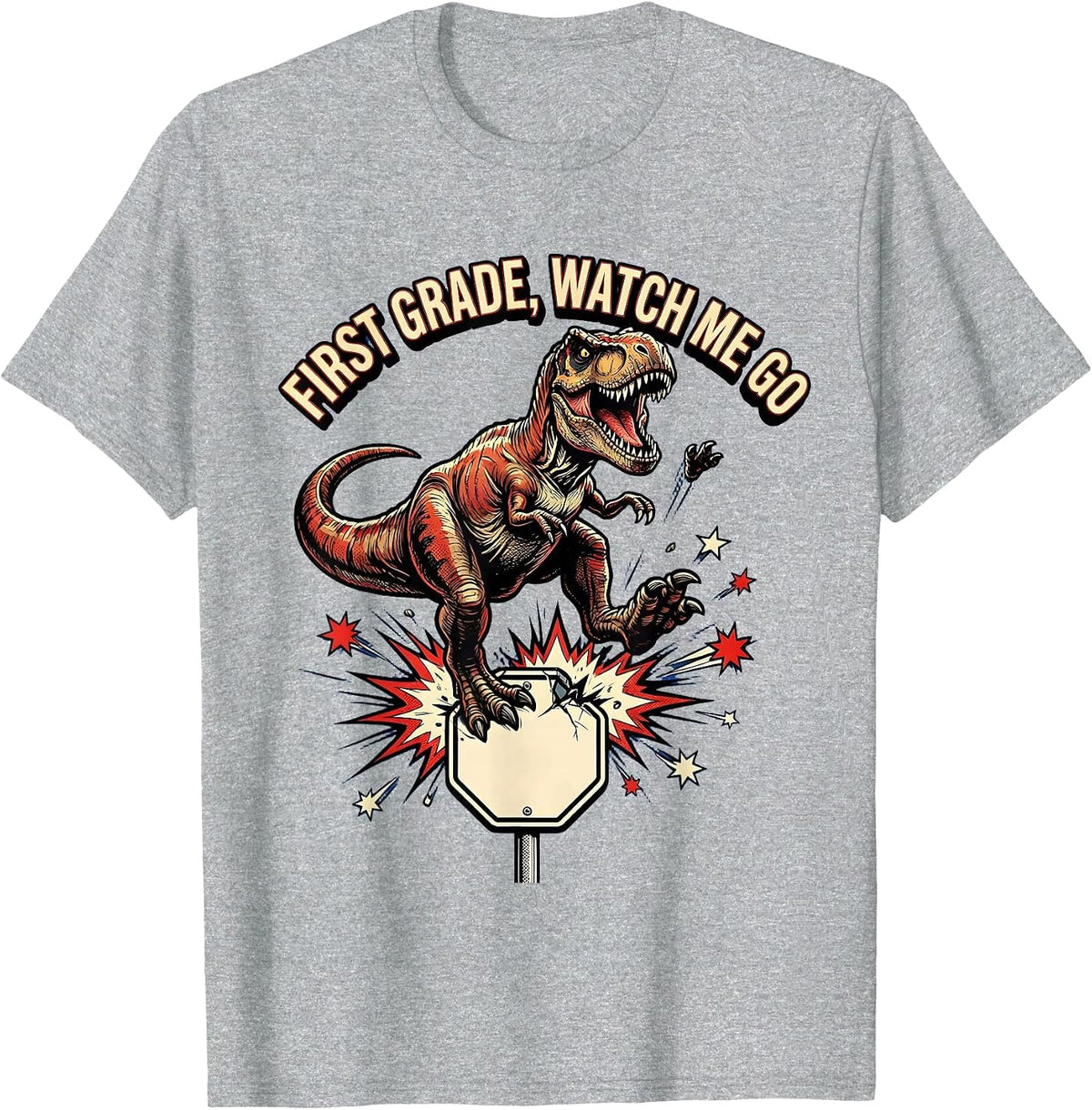 Men's First Grade Watch Me Go Comic Book Dinosaur Boy Back T-Shirt - Heather Grey