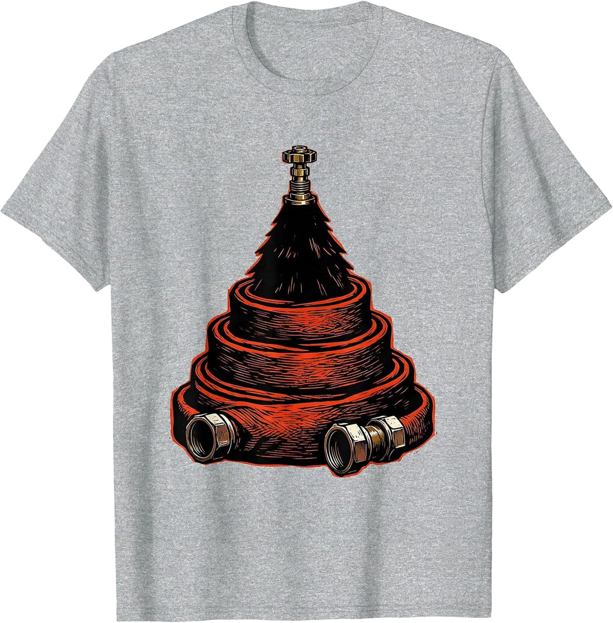 Men's Fire Hose Tree Linocut Firefighter Tribute Gift T-Shirt - Heather Grey