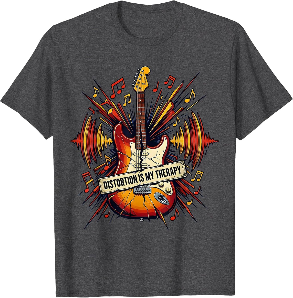 Distortion Is My Therapy Rock Band Guitar Design T-Shirt - Dark Heather Grey