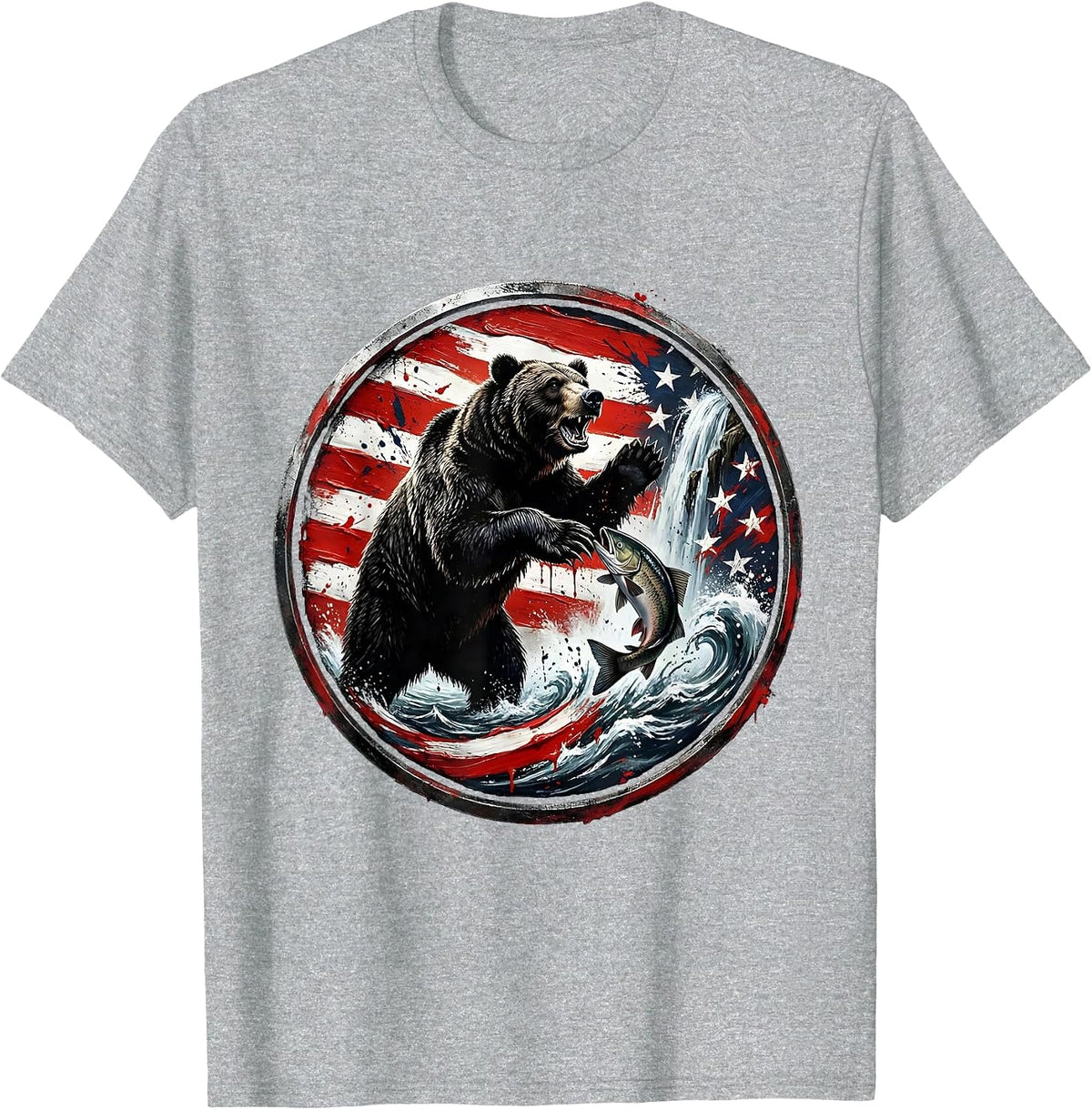 Men's Bear Catching Salmon in Rushing Waterfall T-Shirt - Heather Grey