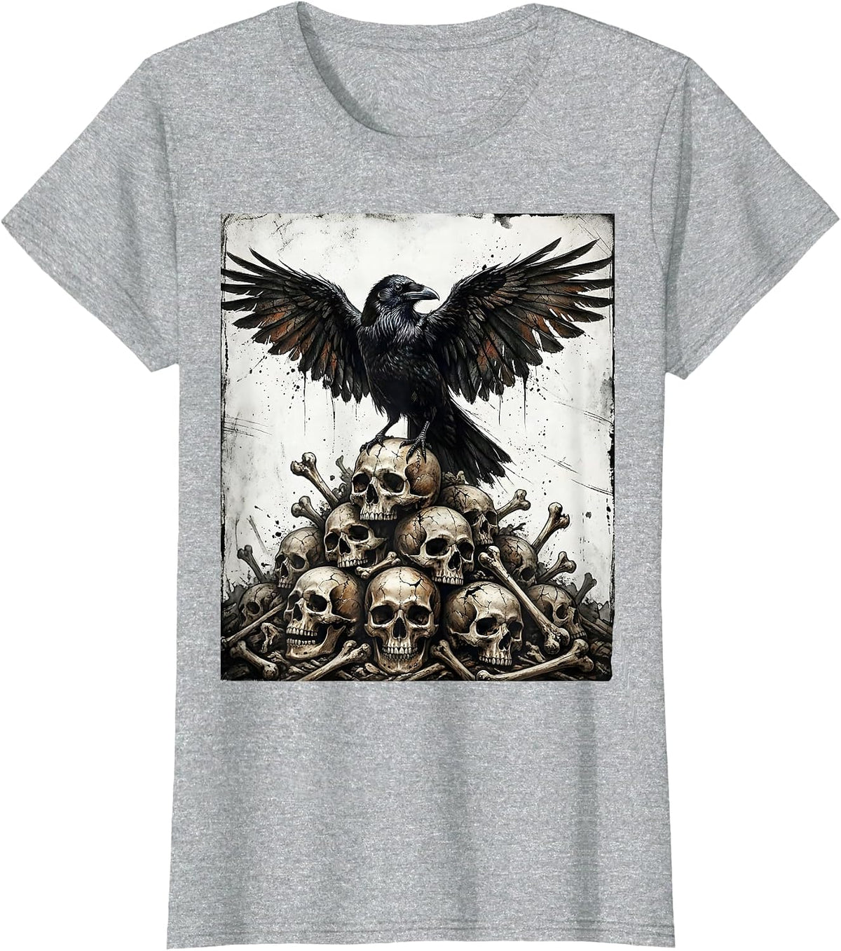 Crow Standing on a Pile of Bones Dark Art Design T-Shirt - Heather Grey