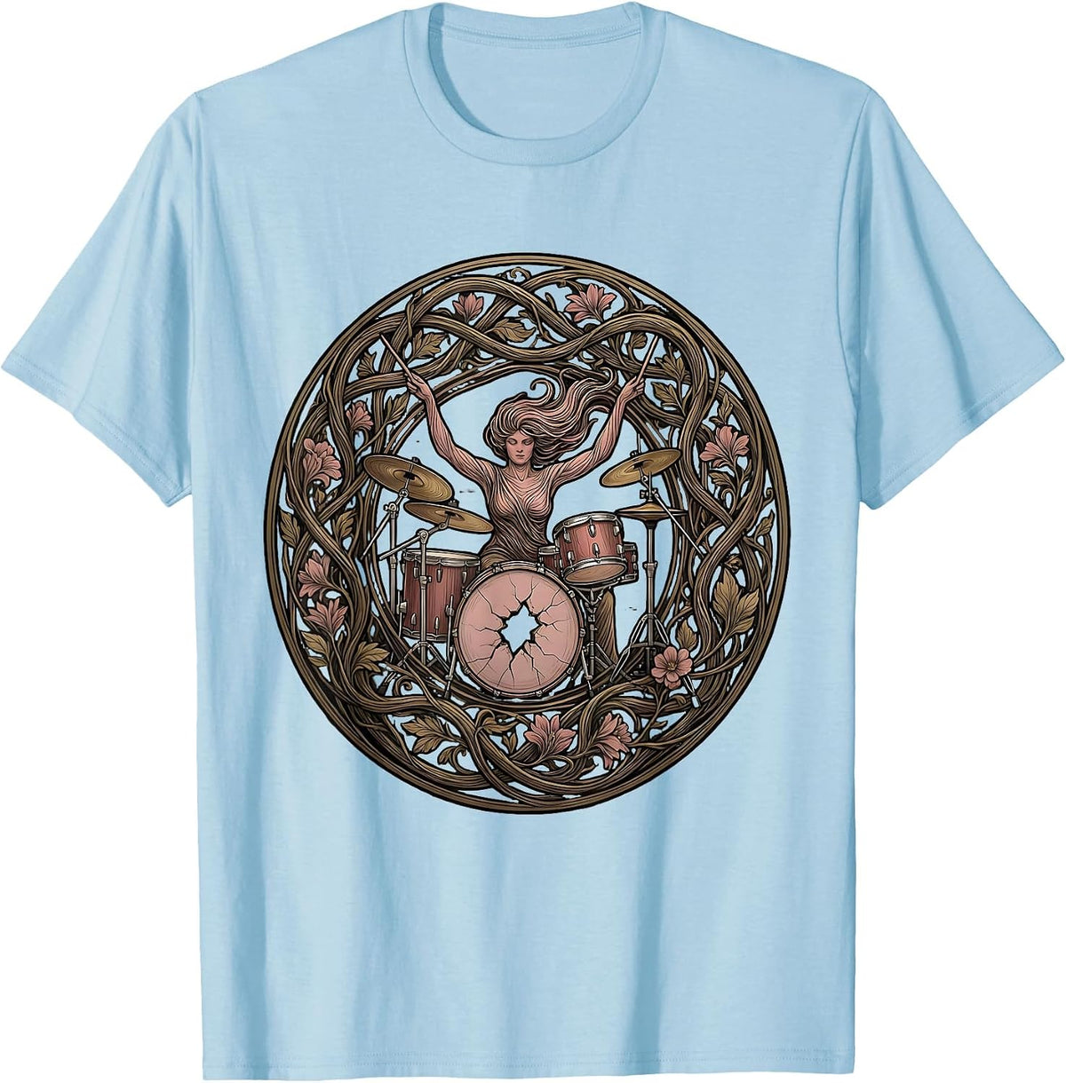 Men's Drummer Through Cracked Bass Drum Band Tee T-Shirt - Baby Blue