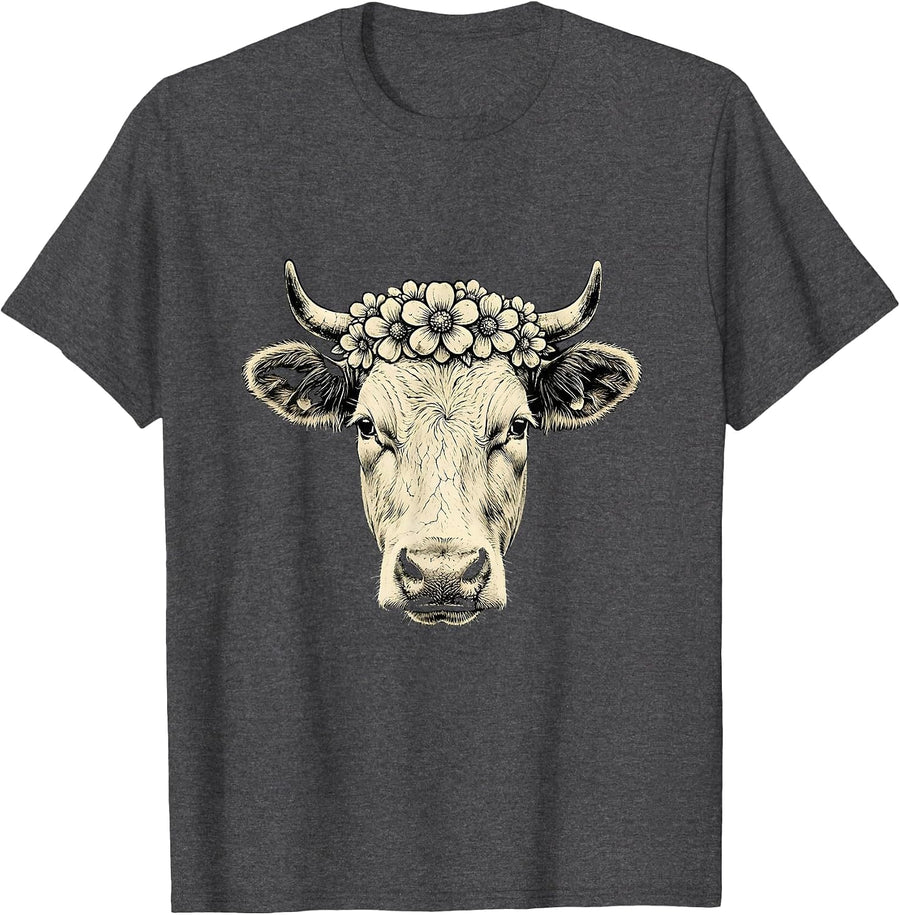 Men's Cow Wearing Flower Crown Cute Boho Farm Animal T-Shirt - Dark Heather Grey